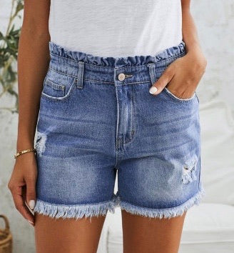 Light High Rise Ruffle Waist Denim Shorts