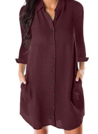 Burgundy Long Sleeve Button Down Crepe Shirt Dress