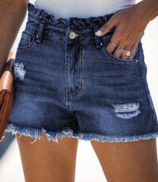 High Rise Ruffle Waist Denim Shorts