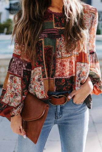 Brown Green Patch Blouse